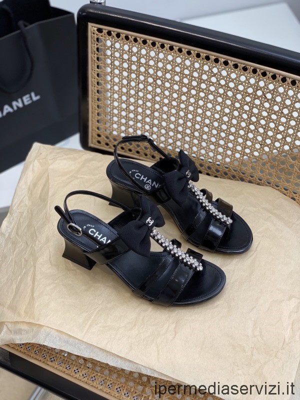 Replica Chanel Cc Bowknot Cristalli Nero Sandalo Con Tacco In Pelle Da 35 A 41