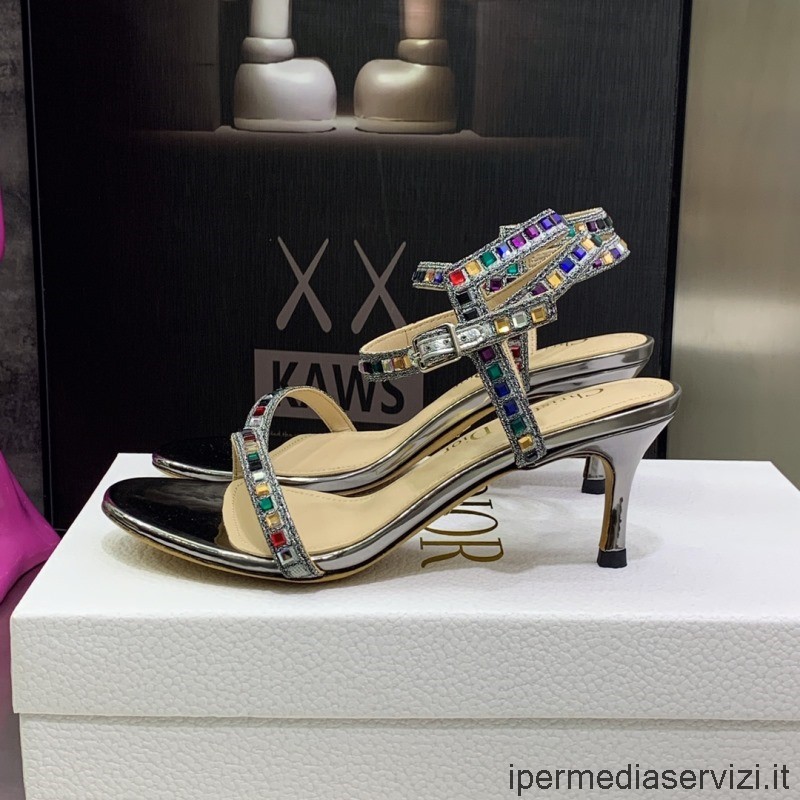 Replica Dior 2022 Sandalo Con Tacco Gemma Dway In Cotone Argento Ricamato Con Filo Metallico E Strass 65mm Dalla 35 Alla 44