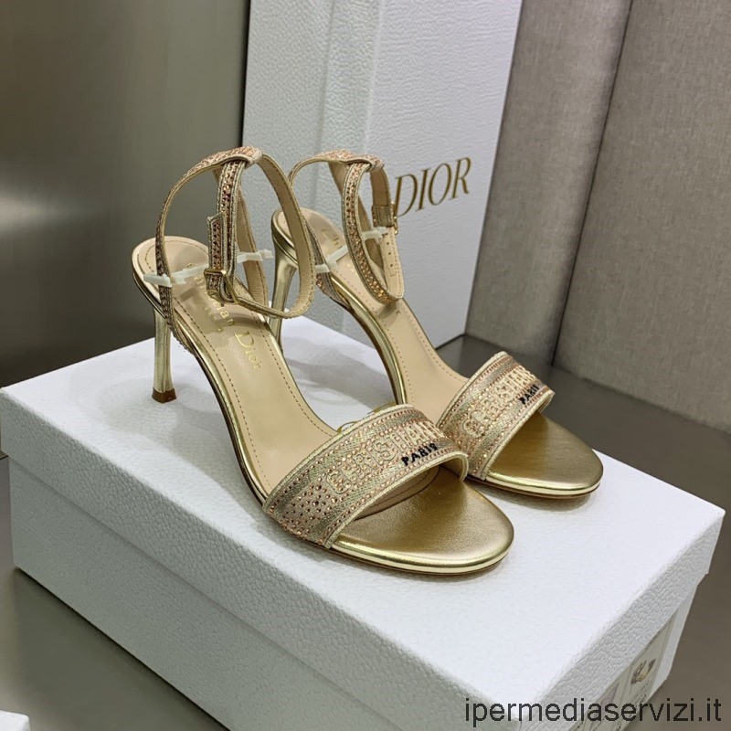 Réplica Dior 2022 Sandália Dway Salto Alto Em Algodão Dourado Bordado Com Fio Metalizado E Strass 85mm 35 A 44
