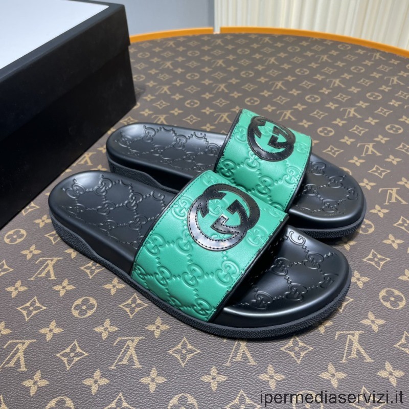 Réplica Gucci 2022 Mens Gg Sandália Slide De Couro Em Relevo Assinatura Em Verde 38 A 45
