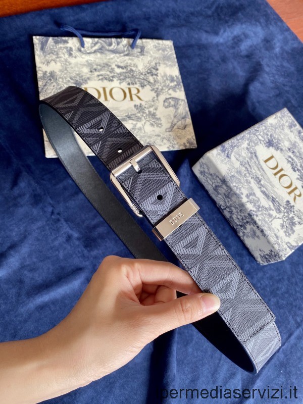 Cinto Réplica Dior 2022 Em Lona Cd Diamante Azul E Couro De Bezerro Liso 35mm