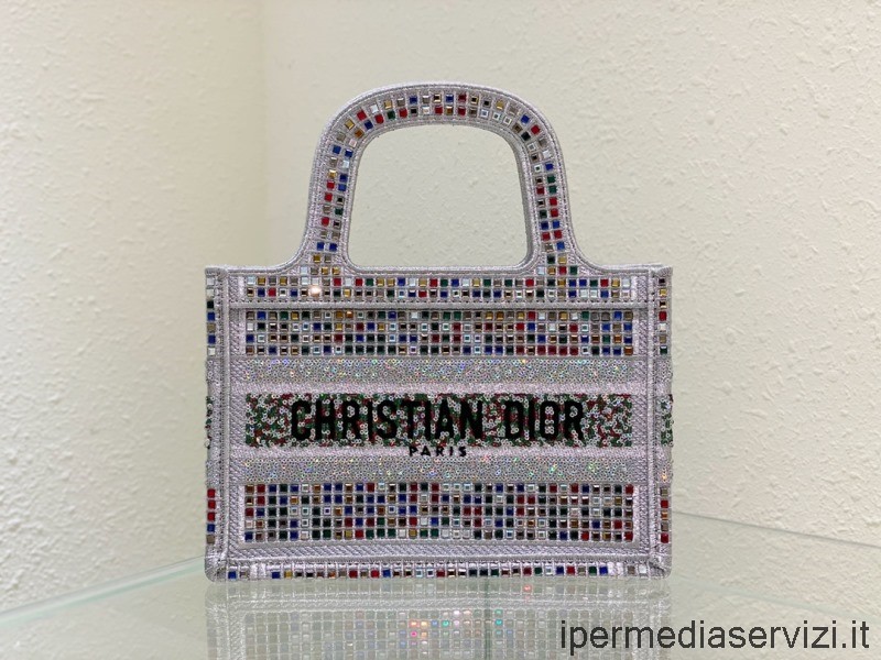 Replica Dior Mini Book Tote Bag Em Diamantes Multicoloridos Bordados 23cm