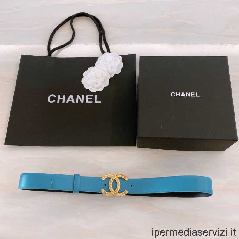 Réplica Chanel Cc Logo Cinto De Couro Azul 30mm