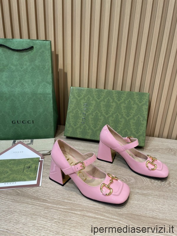 Réplica Gucci Horsebit Mary Janes Sapatos De Couro Rosa 75mm 35 A 41