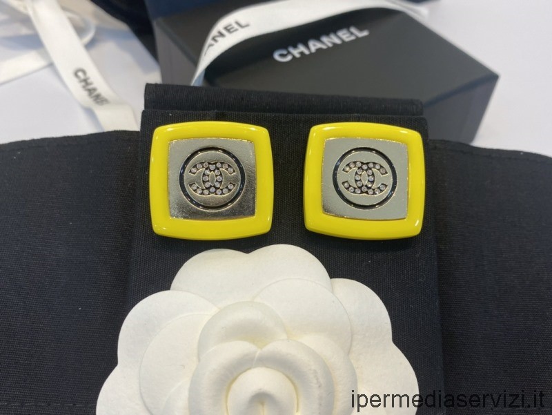 Réplica Brincos Quadrados De Cristal Cc Chanel Amarelo