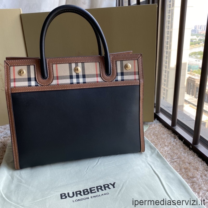 Réplica Burberry Bolsa Pequena De Couro E Vintage Check Duas Alças Em Preto 32x15x25cm