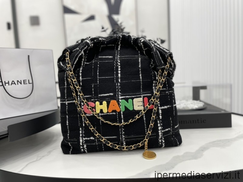 Réplica Chanel Grande 22 Bolsa De Ombro De Tweed Preta As3262 48x45x10cm