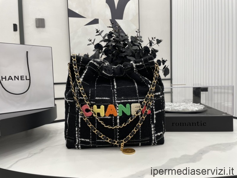 Réplica Chanel Pequena 22 Bolsa De Ombro De Tweed Preta As3260 35x37x7cm