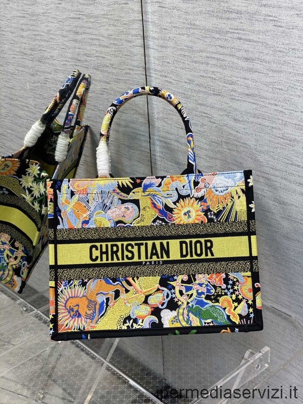 Réplica Dior Medium Dior Book Tote Bag Em Preto Multicolorido Dior Zodiac Fantastico Bordado 36x18x28cm