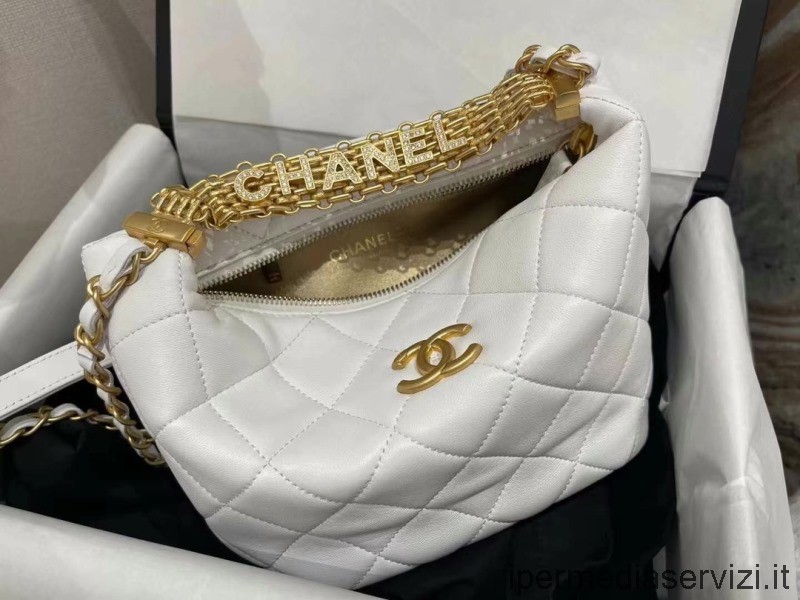 Réplica Chanel 2022 Bolsa Hobo Pequena Com Corrente Em Pele De Cordeiro Branca As3242 20x17x12cm