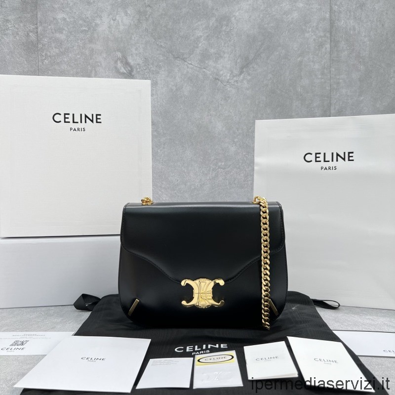копия Celine черная блестящая цепочка из телячьей кожи Besace Triomphe сумка через плечо 199273 24x17x4cm