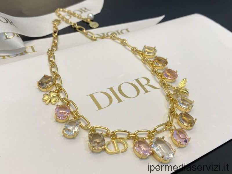 копия колье Dior Petit Cd с жемчугом и разноцветными кристаллами