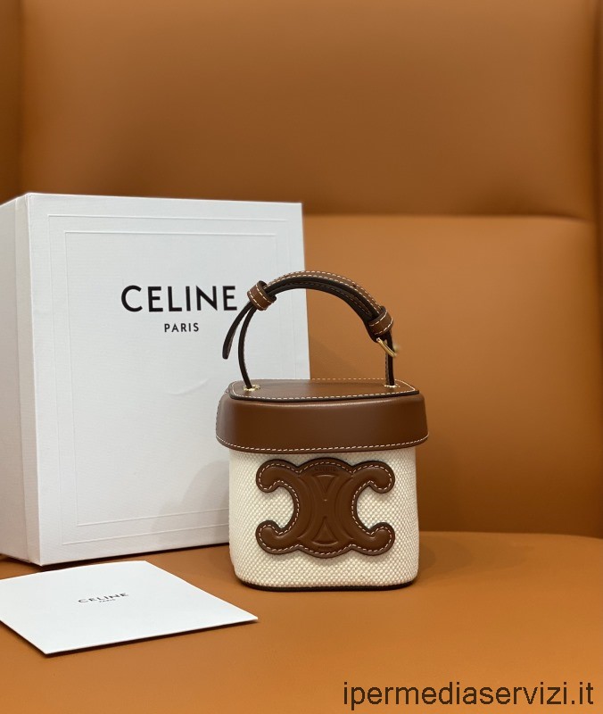 копия сумки на плечо Celine Small Box Cuir Triomphe с верхней ручкой из парусины и коричневой телячьей кожи 199263 11x11x11см