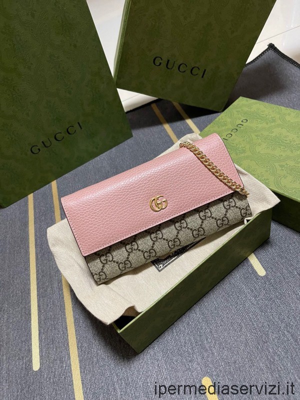 копия кошелька на цепочке Gucci Gg Marmont из бежевого холста Gg Supreme и розовой кожи 546585 19x10x3 см