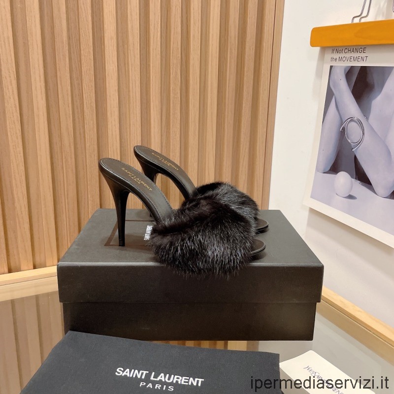 Реплика Saint Laurent Roy Босоножки на каблуке из натуральной норки на шпильке черного цвета 90 мм 35–40