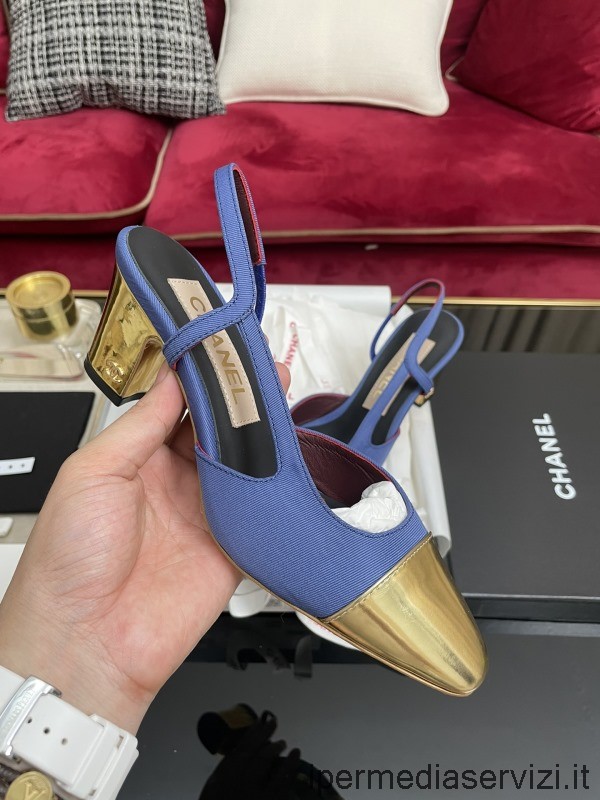 реплика Chanel винтажные туфли-лодочки с ремешком на пятке с логотипом Cc из синей ткани 65mm 35 To 40