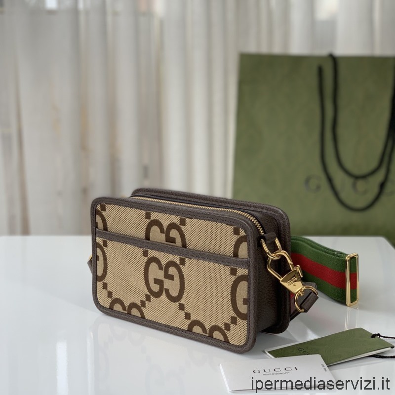 копия мужской мини-сумки через плечо Gucci Jumbo Gg из верблюжьего и черного дерева холста Jumbo Gg 696075 22x14x7cm