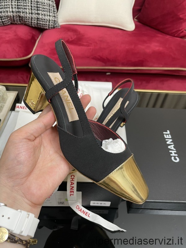 реплика Chanel винтажные туфли-лодочки с ремешком на пятке на каблуке с логотипом Cc из черной ткани 65mm 35 To 40