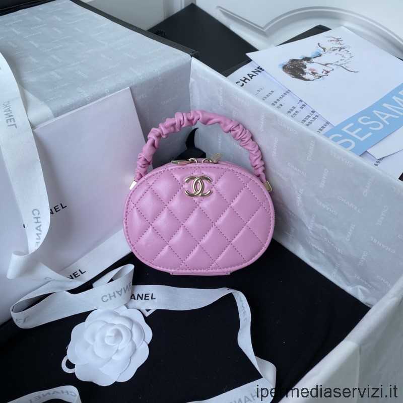 копия косметички Chanel 2022 с верхней ручкой из блестящей розовой кожи ягненка Ap2731 9x13x5cm