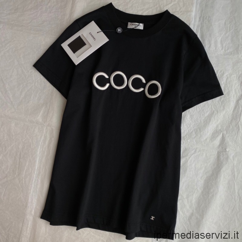 копия Chanel 2022 кокосовая черная футболка из хлопкового джерси Sml