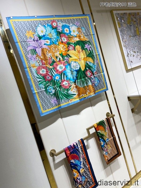копия Fendi синий цветочный платок квадратный шелковый многоцветный тигры и цветочный шарф Ff 90x90см