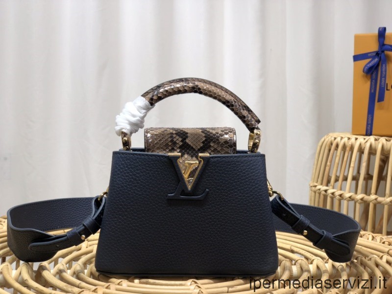 копия мини-сумки через плечо Louis Vuitton Capucines с верхней ручкой и клапаном из черной кожи таурильона и кожи питона N80931 21x14x8cm