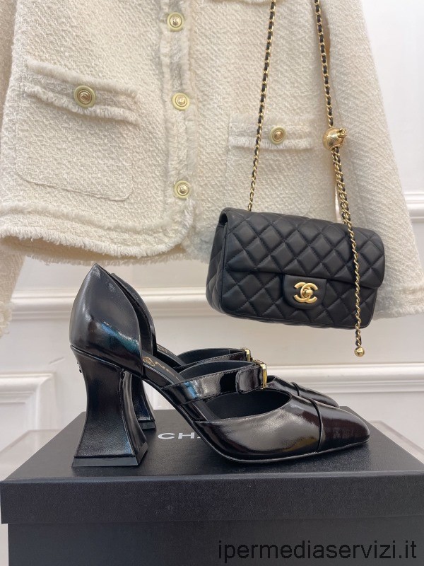 реплика Chanel 2022 туфли-лодочки с ремешком на пятке открытые туфли из черной блестящей телячьей кожи 85 мм от 35 до 41