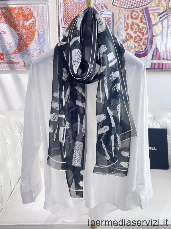 шелковый шарф с принтом Chanel 2022 черного цвета 190x60 см