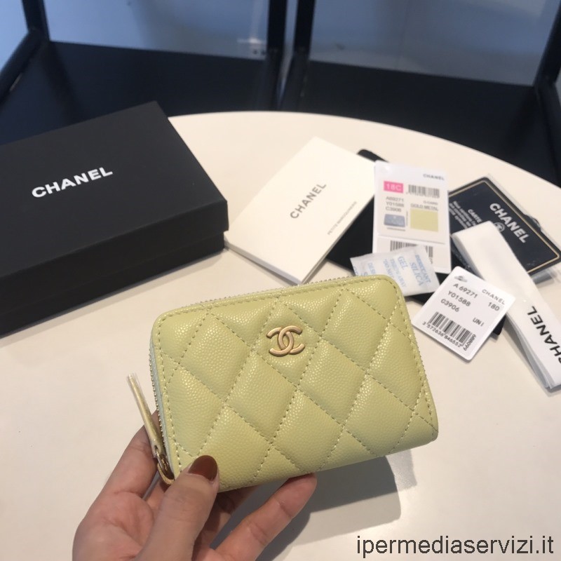 реплика Chanel классический кошелек на молнии вокруг портмоне для карт кошелек из кожи желтой икры A69271 11x7cm