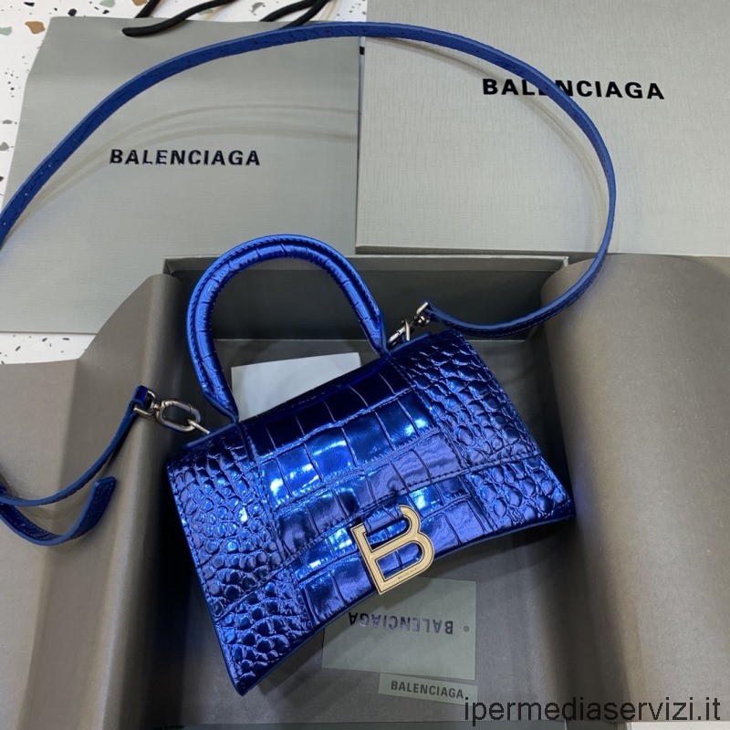 Replica Balenciaga Hourglass Xs Borsa A Tracolla Con Manico Superiore In Pelle Di Vitello Goffrata Coccodrillo Blu 19x8x11cm