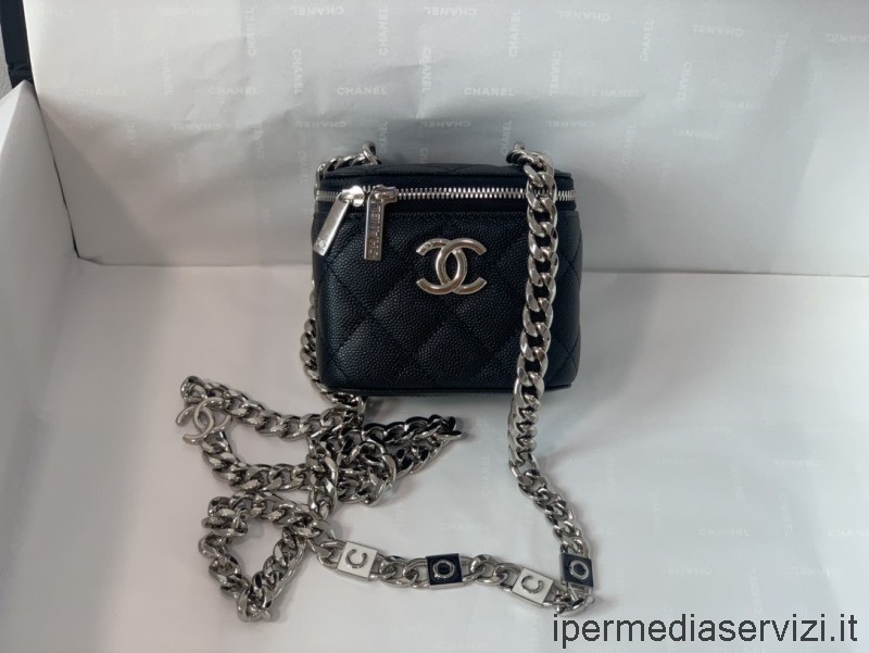 Replica Chanel Piccolo Vanity Case Con Catena Coco In Pelle Di Vitello Caviale Nero A81193 12cm