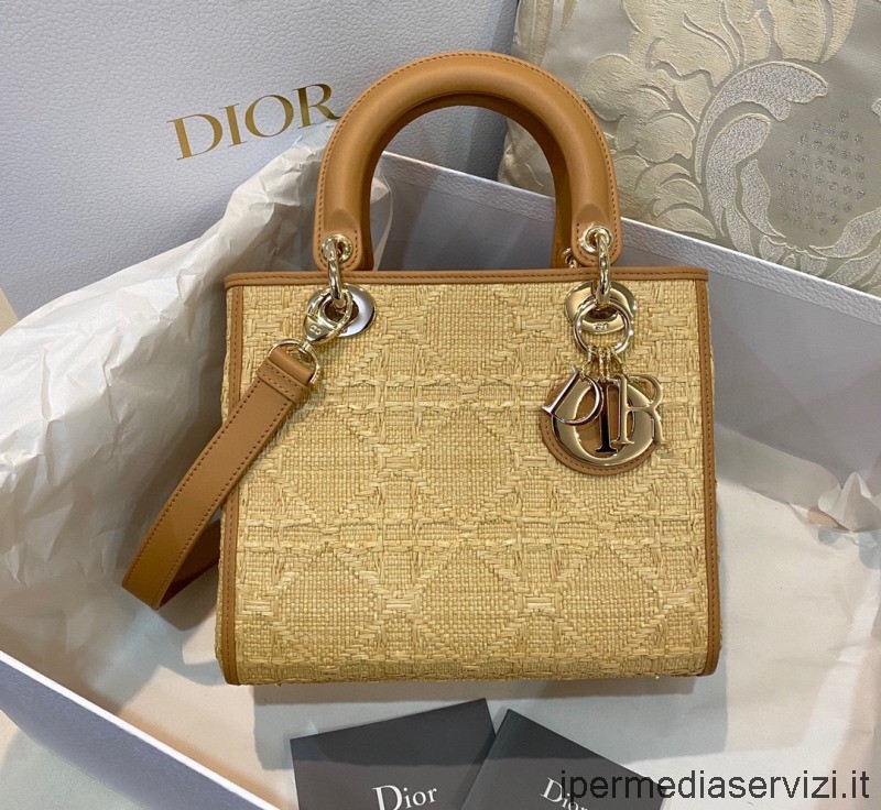 Replica Dior Borsa A Tracolla Media Lady Dior In Rafia Cannage Naturale 24x20x11 Cm