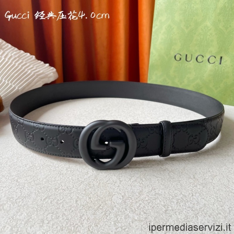 Cintura In Pelle Goffrata Gucci Nera Con Fibbia Ad Incastro Gucci 40mm