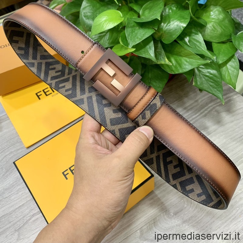Replica Fendi Mens Ff Logo Plaque Reversible Cuoio Romano Leather Belt In Tan 40mm