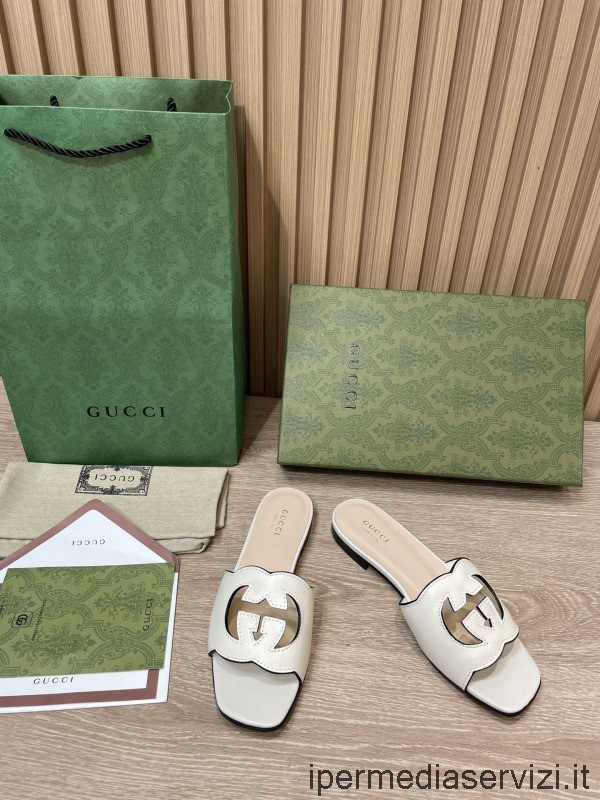 Replica Gucci Bianco Interlocking G Cut Out Sandalo Scorrevole In Pelle Da 35 A 42