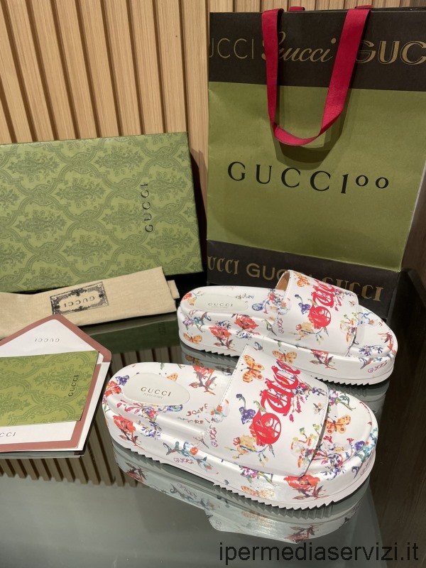 Replica Gucci In Pelle Bianca Floreale Soave Slide Sandalo Piatto Da 35 A 43