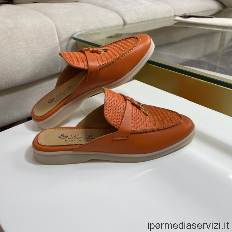 Replica Loro Piana Babouche Charms Walk Ricamato Pantofole In Pelle Arancione Muli Da 35 A 42