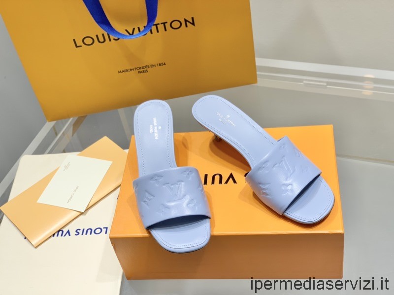Replica Louis Vuitton Lv Revival Sandalo A Ciabatta Con Tacco In Pelle Di Agnello Goffrata Con Monogramma Azzurro 55mm Dalla 35 Alla 41