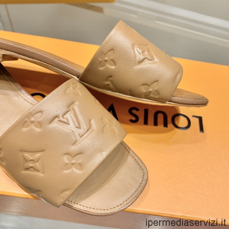 Replica Louis Vuitton Lv Revival Sandalo Flat Mule Slide In Pelle Di Agnello Goffrata Monogramma Beige Dalla 35 Alla 41