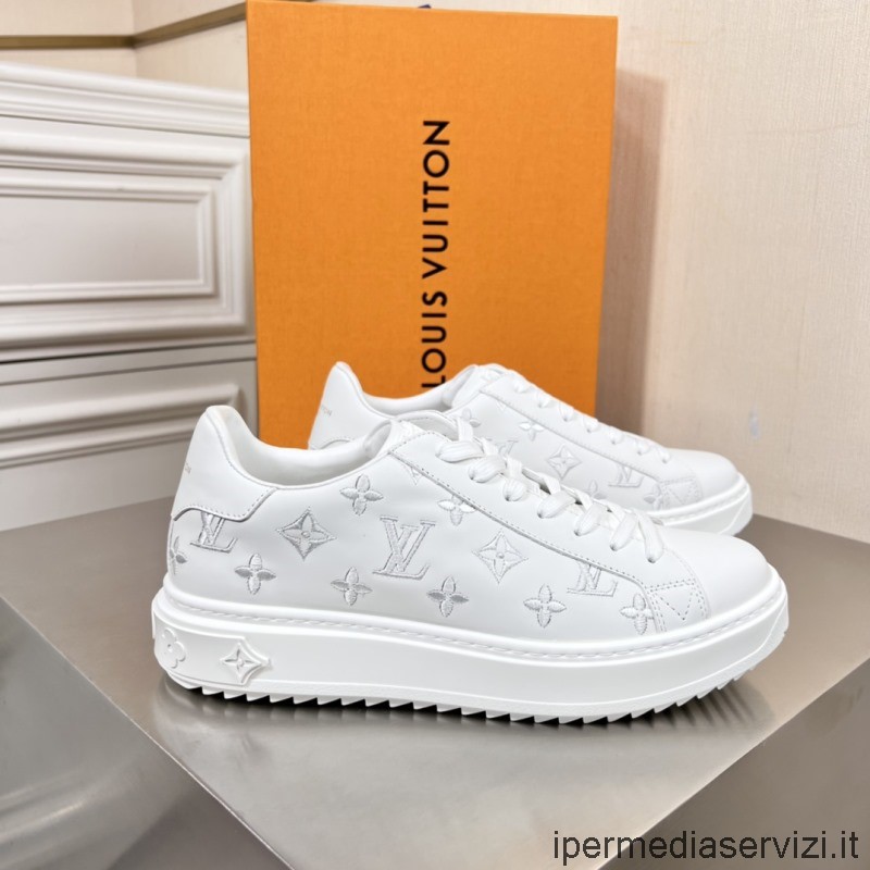 Replica Louis Vuitton Mens Time Out Sneaker Con Monogramma Argento Inciso In Pelle Di Vitello Bianca Da 38 A 45
