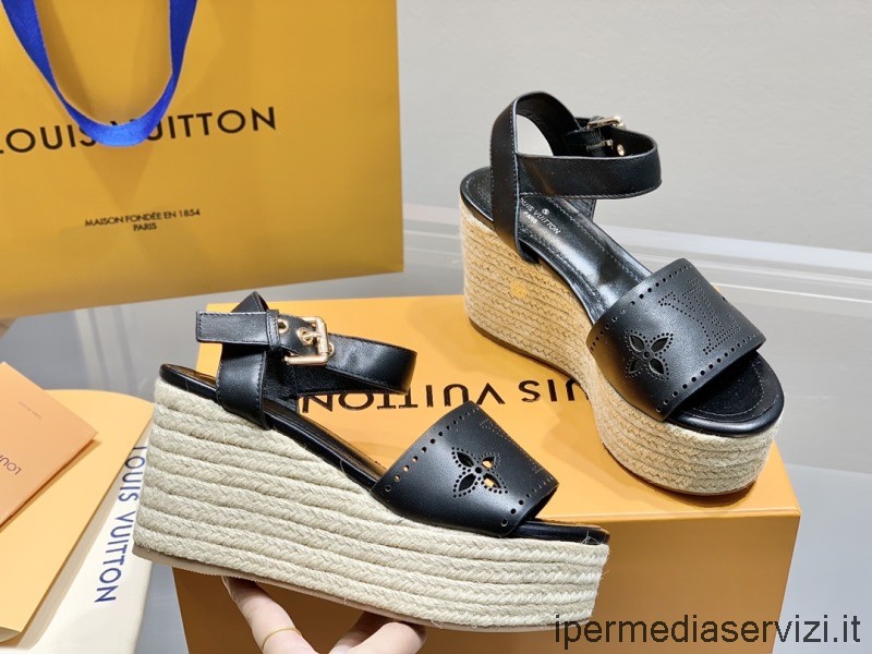Replica Louis Vuitton Sandalo Classico Espadrillas Con Zeppa A Dritta In Pelle Nera Da 35 A 41