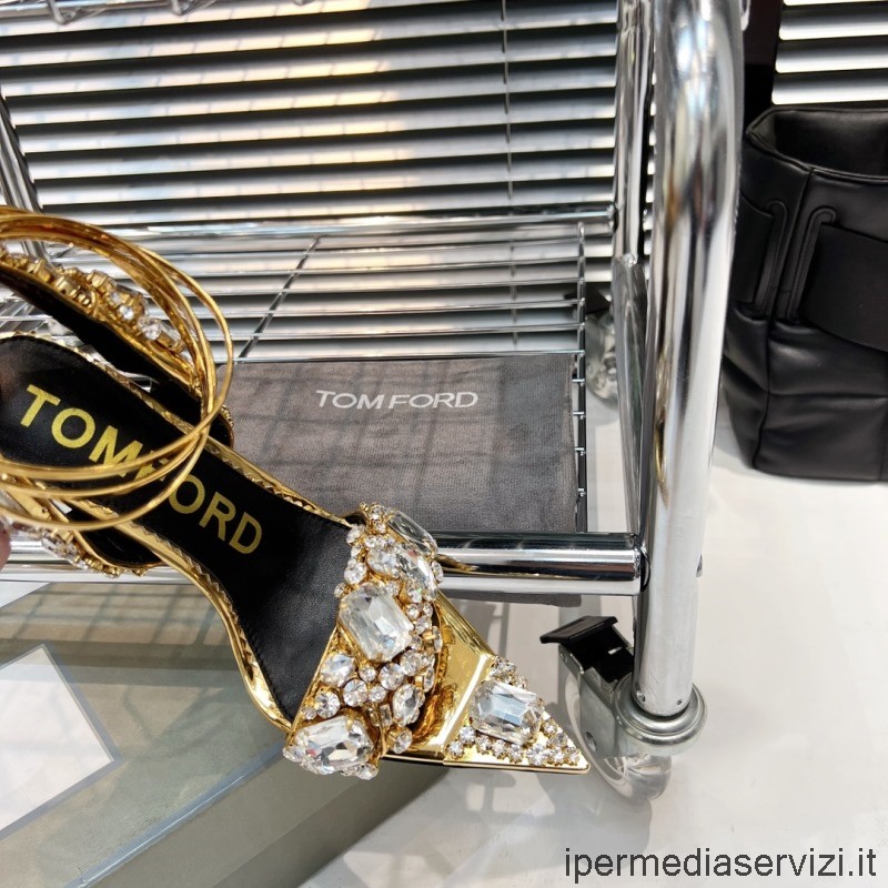 Replica Tom Ford Oro Metallizzato Cristallo Cinturino Alla Caviglia Sandalo Con Tacco 105 Mm Da 35 A 42