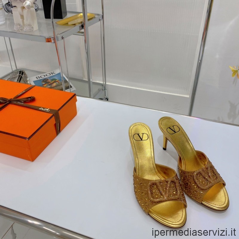 Sandalo Con Tacco A Vlogo In Cristallo Valentino Replica In Oro 85 Mm Da 35 A 43