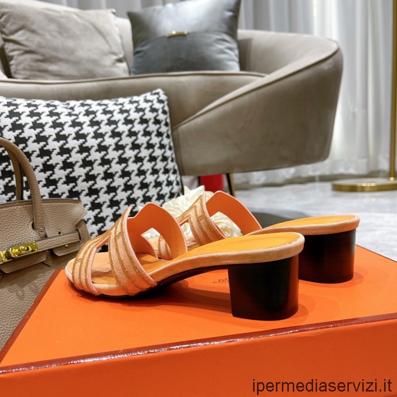 Sandalo Con Tacco Alto Replica Hermes Oasis In Pelle Di Capra Scamosciata Beige Con Strass 45mm Da 35 A 42