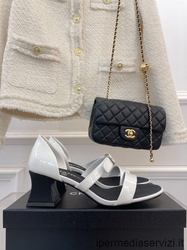Sandalo Con Tacco Chanel 2022 Replica In Pelle Di Vitello Verniciata Bianca 55mm Dalla 35 Alla 41