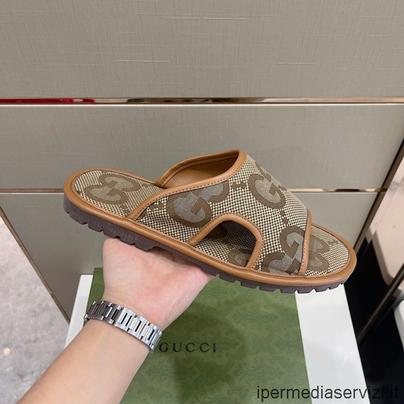Replica Gucci 2022 Mens Gg Supreme Sandalo Scorrevole In Beige Beige Jumbo Gg Supreme Tela 38 A 45