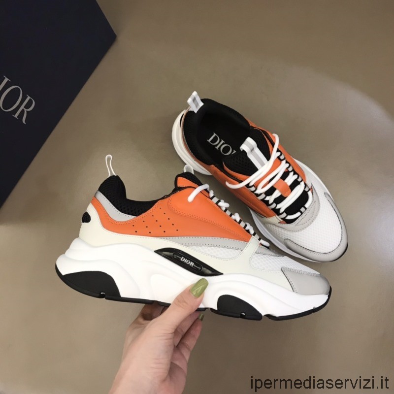 Replica Dior B22 Sneakers Uomo Bianco Maglia Tecnica Con Pelle Di Vitello Arancione Da 38 A 46