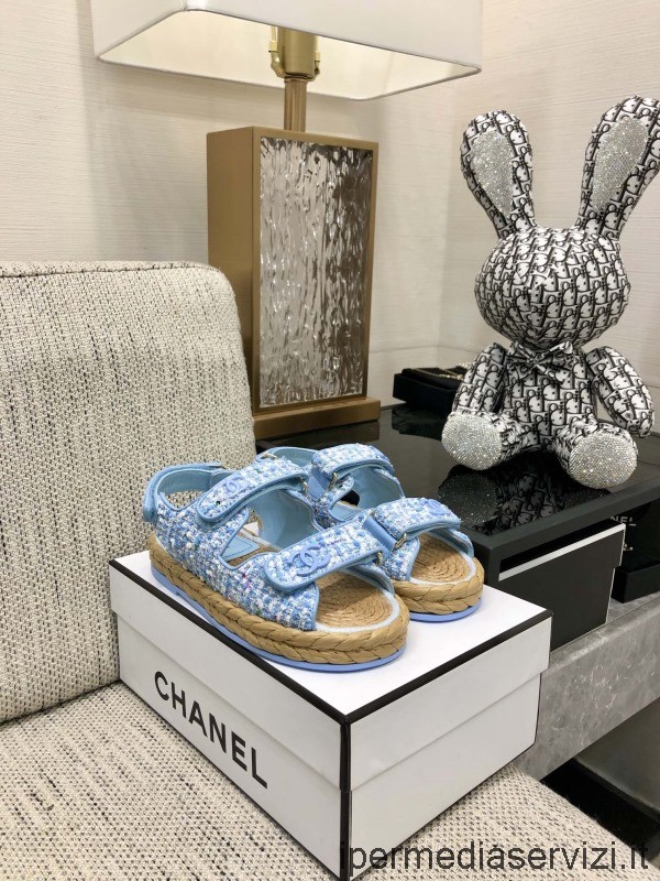 Replica Chanel Cc Dad Espadrillas Sandalo Piatto In Tweed Azzurro Dalla 35 Alla 41