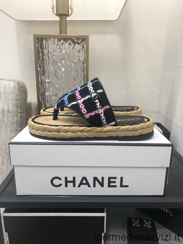 Replica Chanel Cc Sandalo Piatto Espadrillas Infradito In Tweed Nero Da 35 A 41