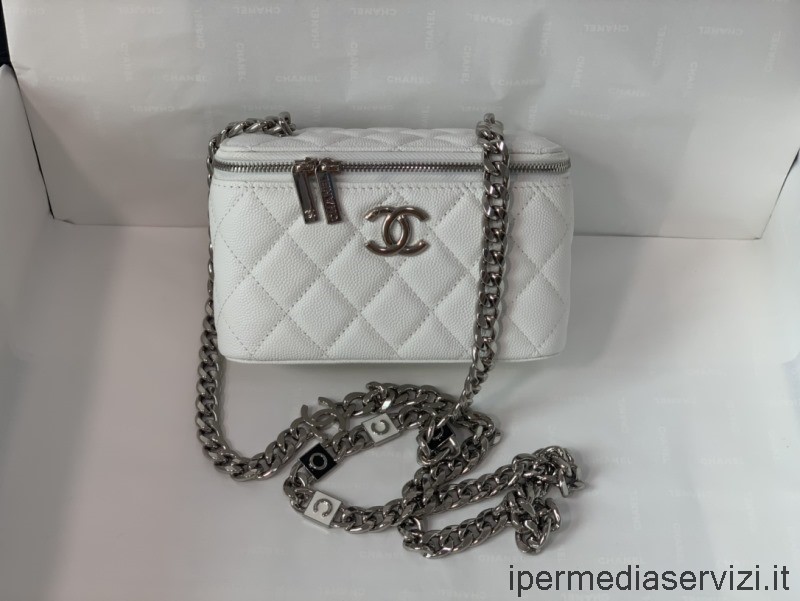 Replica Chanel Vanity Case Con Catena Coco In Pelle Di Vitello Caviale Bianco A81194 17cm